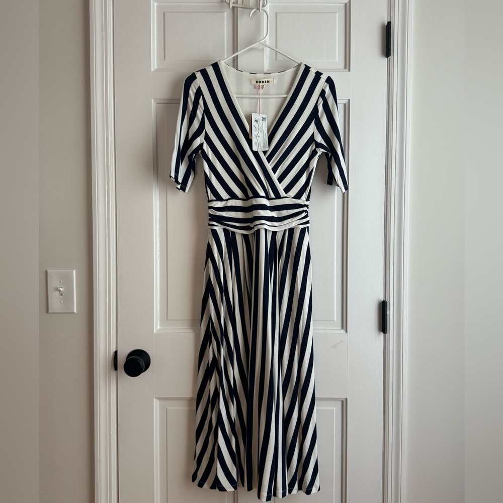 Boden Navy and Cream Striped Wrap Midi Dress - Picture 3 of 7